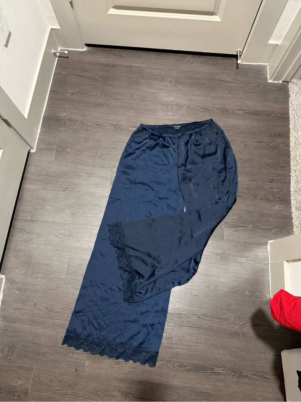 Navy Satin Wide-Leg Lounge Pants with Lace Trim